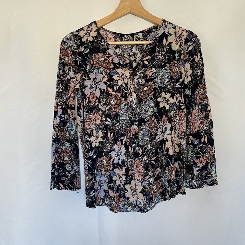 Mark Floral Black Long-Sleeve Blouse Size S/P With Bell Sleeves comfortable‎